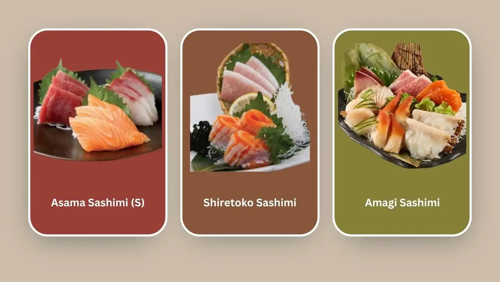 Amagi Sashimi, Shiretoko Sashimi, and Asama Sashimi (S) at sushi Zanmai menu Malaysia