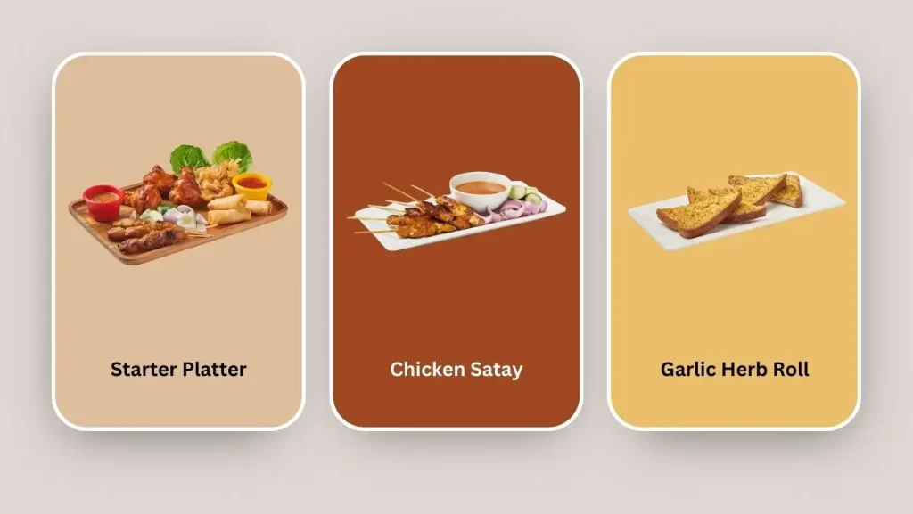 Appetizers Starter Platter, Chicken Satay, and Garlic Herb Roll
