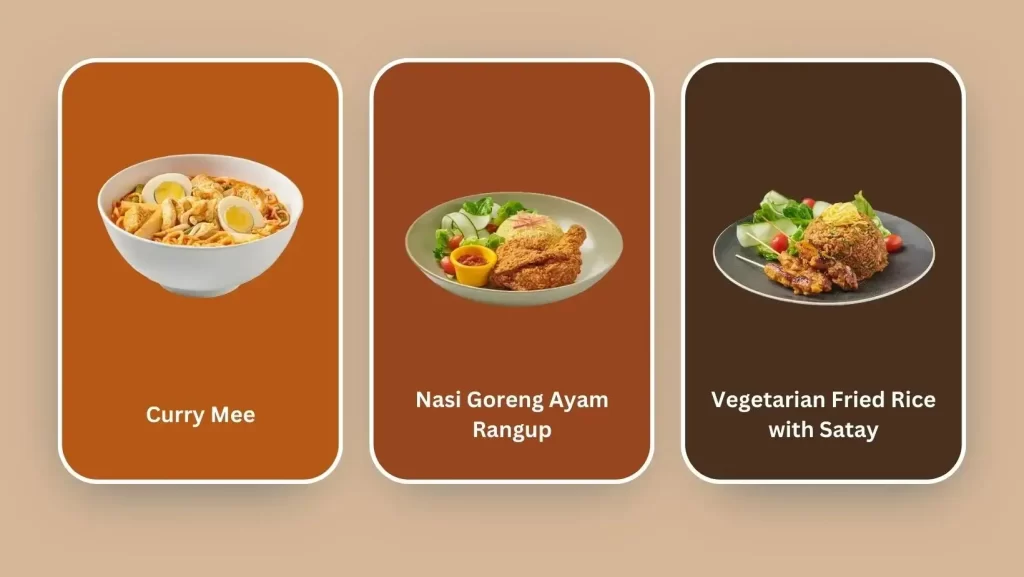 Asian Classic Curry Mee, Nasi Goreng Ayam Rangup, and Vegetarian Fried Rice with Satay