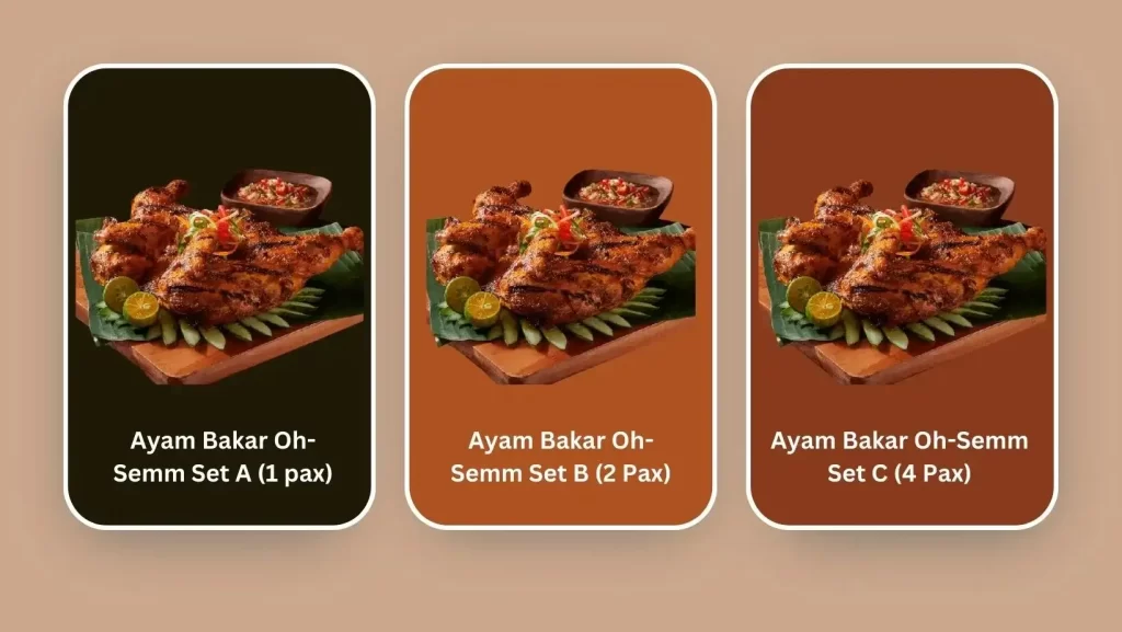 Ayam Bakar Oh-Semm Set C (4 Pax),Ayam Bakar Oh-Semm Set B (2 Pax), Ayam Bakar Oh-Semm Set A (1 pax), At the chicken Rice shop menu malaysia