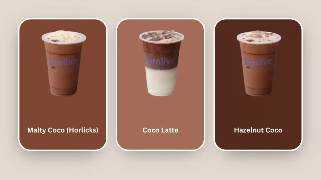 Coco Latte, Malty Coco (Horlicks), Hazelnut Coco at coco category in tealive menu malaysia