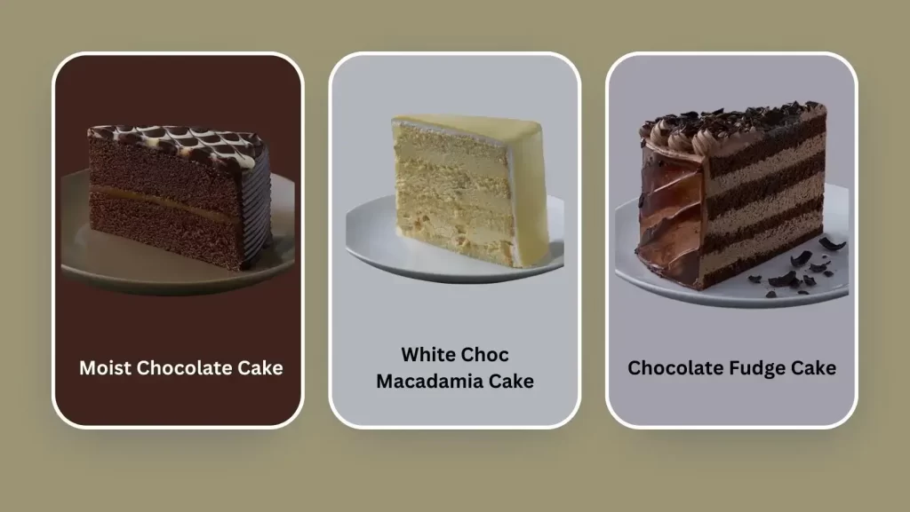 Cream Cakes Moist Chocolate Cake, White Choc Macadamia Cake, Chocolate Fudge Cake