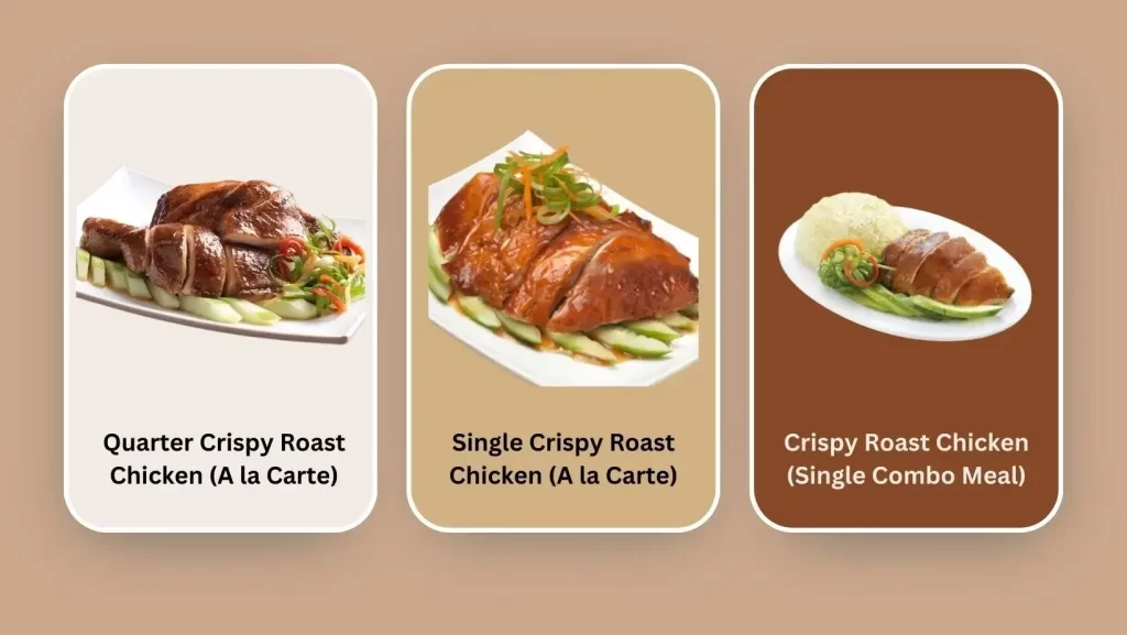 Crispy Roast Chicken (Single Combo Meal), Quarter Crispy Roast Chicken (A la Carte), Single Crispy Roast Chicken (A la Carte), in menu at chicken rice shop menu Malaysia