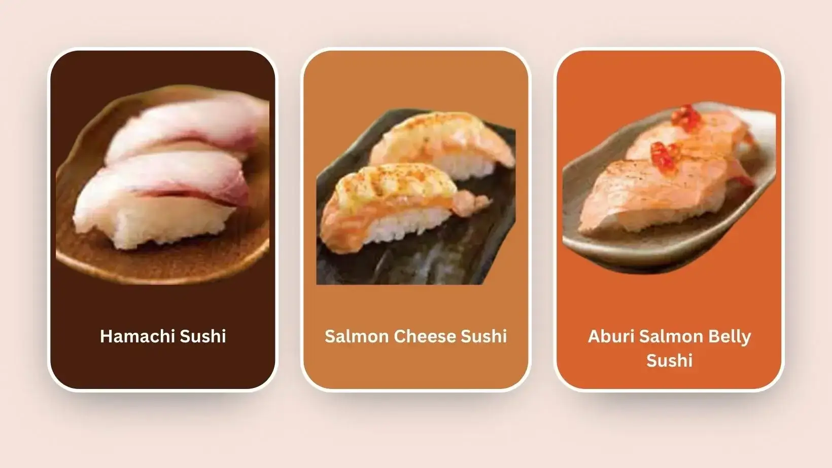 Hamachi Sushi Salmon Cheese Sushi and Aburi Salmon Belly Sushi