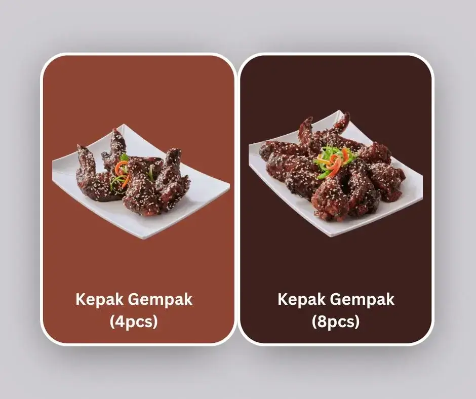 Kepak Gempak (4pcs), Kepak Gempak (8pcs) in menu at the chicken Rice Shop