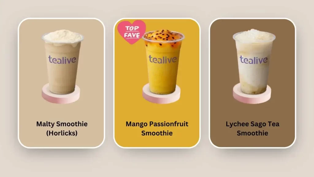 Malty Smoothie (Horlicks), Lychee Sago Tea Smoothie, Mango Passionfruit Smoothie at Tealive menu malaysia