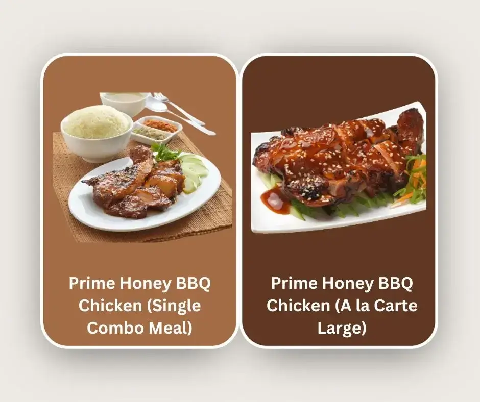 Prime Honey BBQ Chicken (Single Combo Meal), and Prime Honey BBQ Chicken (A la Carte Large) at the chicken Rice shop menu Malaysia