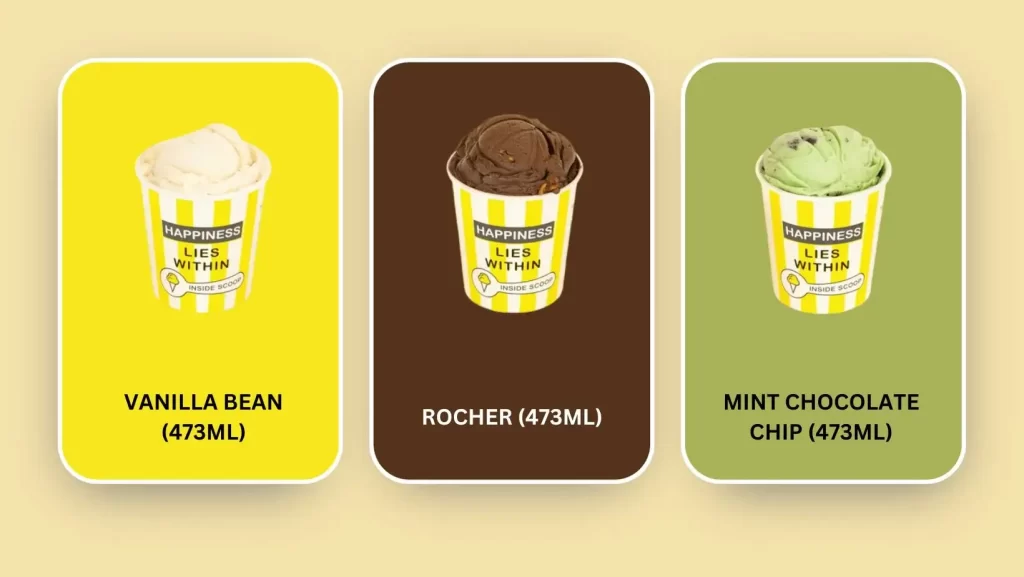 ROCHER (473ML), MINT CHOCOLATE CHIP (473ML), VANILLA BEAN (473ML) pint flavors at inside scoop Malaysia