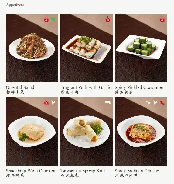 Din tai Fung Malaysia menu Appetizers image
Oriental Salad
Fragrant Pork with Garlic
Spicy Pickled Cucumber
Shaoshing Wine Chicken
Taiwanese Spring Roll
Spicy Sichuan Chicken
