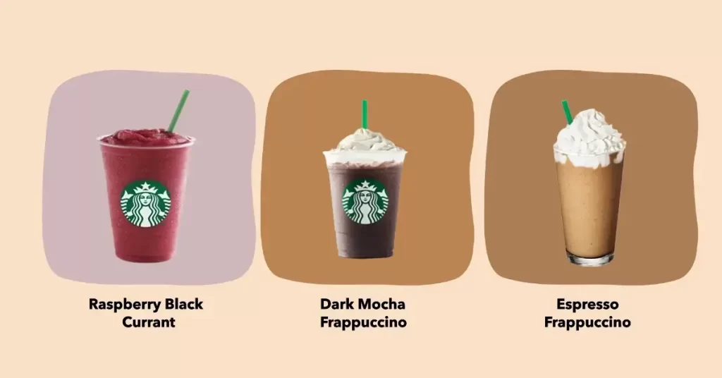 Starbucks Frappuccino Menu; Raspberry Black Currant, Dark Mocha Frappuccino, Espresso Frappu