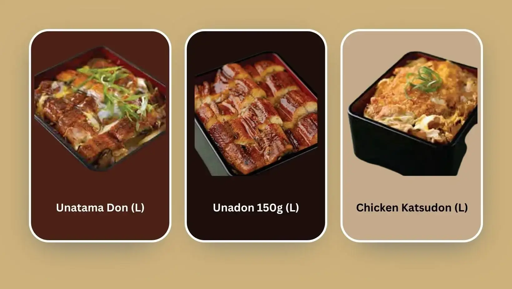 Unadon 150g (L), Unatama Don (L), and Chicken Katsudon (L)