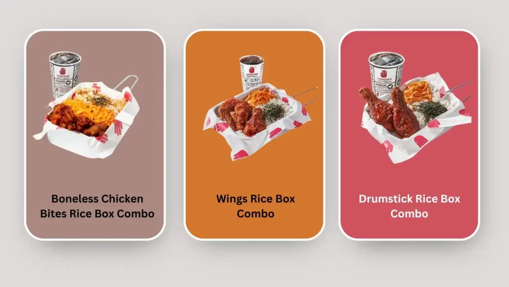 4 Finger Crispy Chicken Rice Rice Baby! Drumstick Rice Box Combo, Wings Rice Box Combo, and Boneless Chicken Bites Rice Box Combo