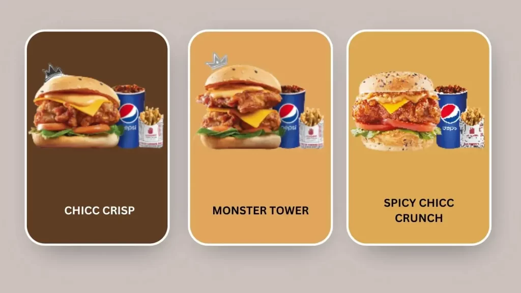 4 Finger Crispy Chicken jawbreakers Big Burger CHICC CRISP, MONSTER TOWER, and SPICY CHICC CRUNCH