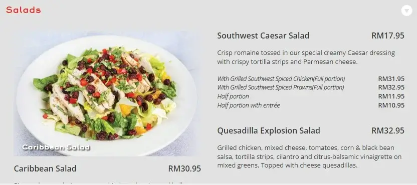 Quesadilla Explosion Salad, Southwest Caesar Salad, and Caribbean Salad
