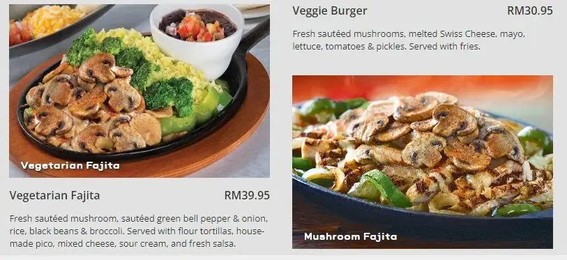 Vegetarian Fajita, and Veggie Burger