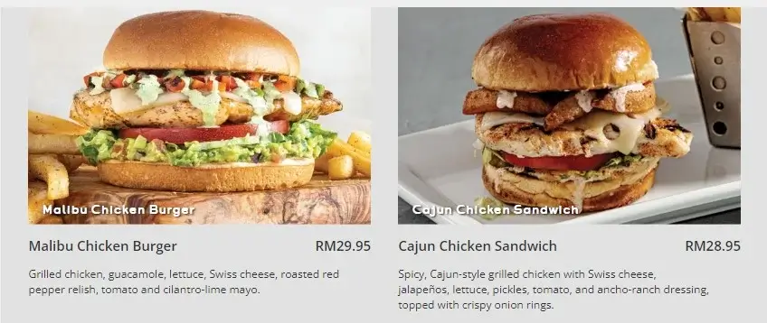 Cajun Chicken Sandwich, and Malibu Chicken Burger