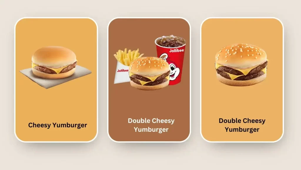 Jollibee Menu and Price List Menu Malaysia Burgers A la CarteMeals Cheesy Yumburger, Double Cheesy Yumburger, and Burgers