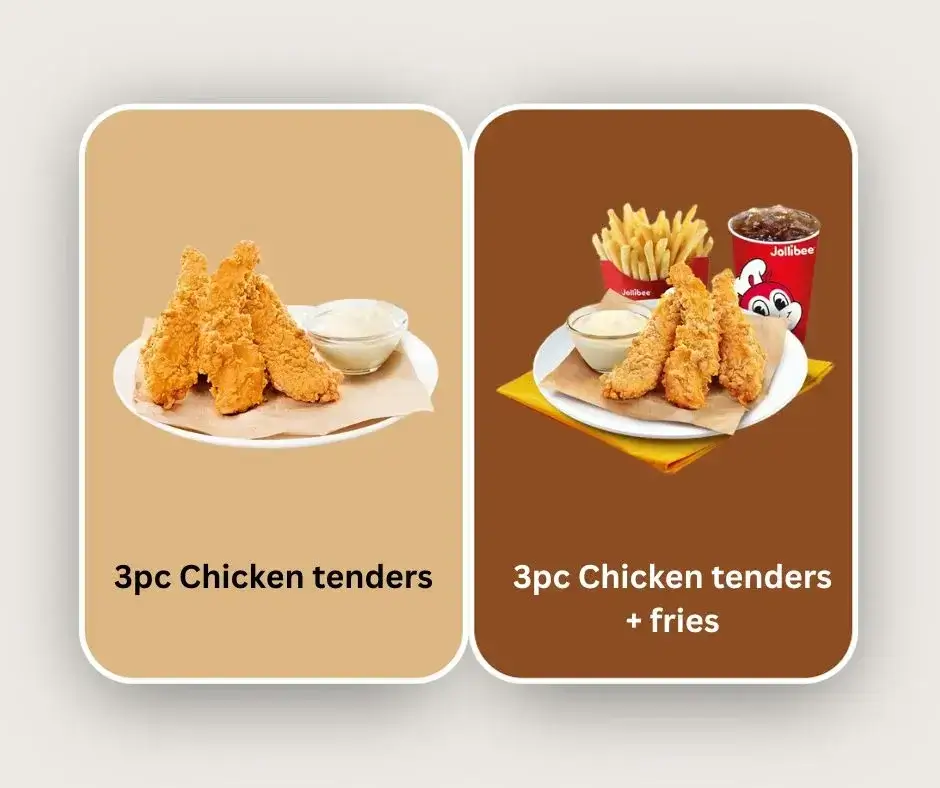 Jollibee Menu and Price List Menu Malaysia Chicken Snacks 3pc Chicken tenders + fries, and Chicken Snacks