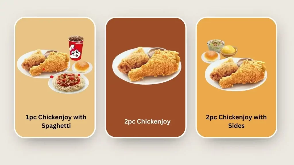 Jollibee Menu and Price List Menu Malaysia Chickenjoy a la CarteMeal 2pc Chickenjoy with Sides, 1pc Chickenjoy with Spaghetti, and 2pc Chickenjoy with Sides