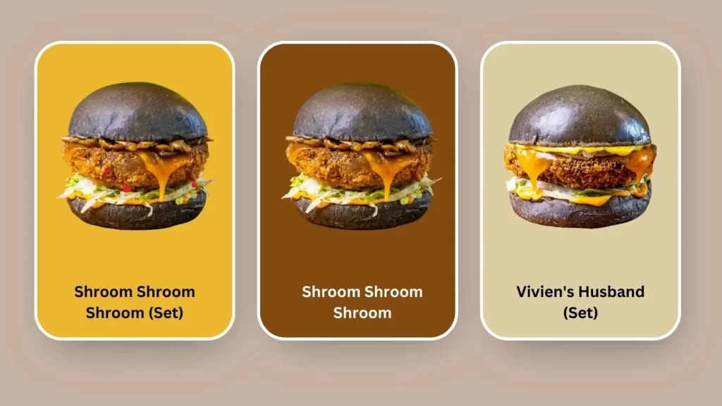 MyBurgerLan Menu Malaysia Meatless Burgers Vivien's Husband (Set), Shroom Shroom Shroom (Set), and Shroom Shroom Shroom