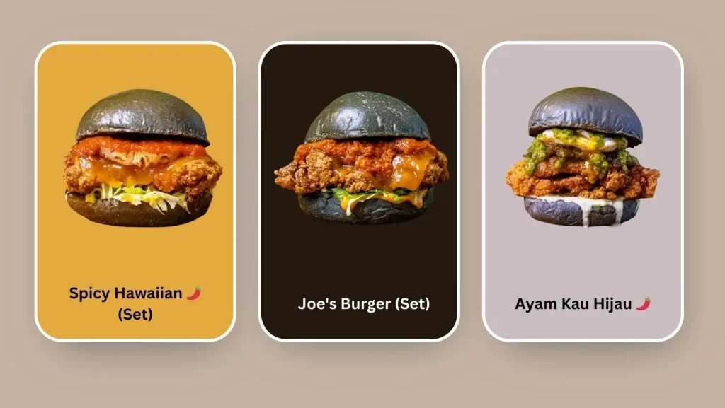 MyBurgerLab Menu Malaysia Chicken Burgers Joe's Burger (Set), Spicy Hawaiian (Set), and Ayam Kau Hijau