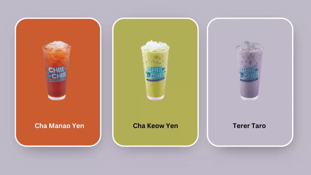 The Boat Noodles Drinks Cha Keow Yen, Cha Manao Yen, And Terer Taro