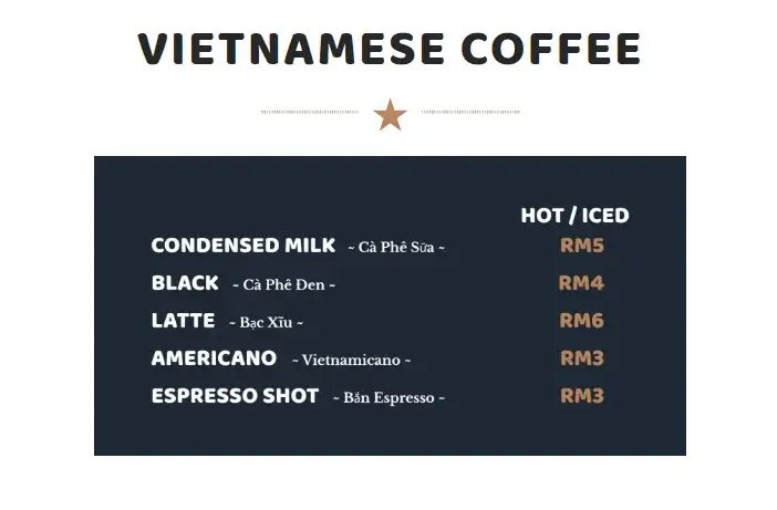 Kee Nguyen Menu Vietnamese coffee