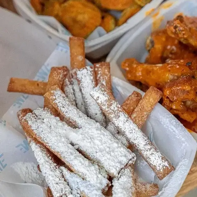 Funnel Fries, Fried Pickles, Seasoned Fries, Sweet Samurai, and Buffalo Ranch