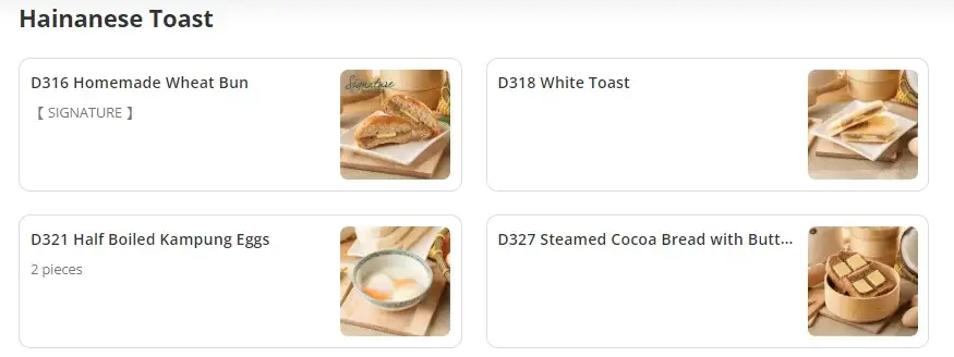 Hainanese Toast Category menu Malaysia