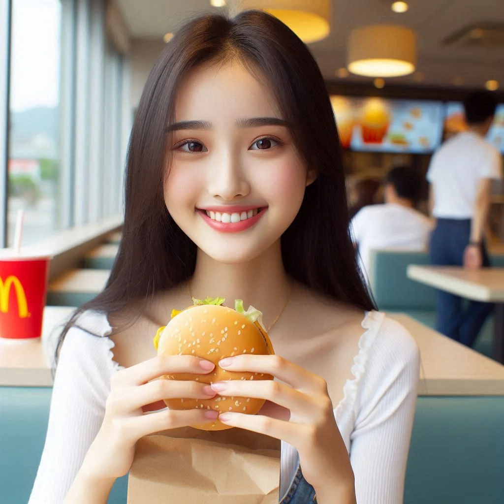 A Chinese teenage girl enjoying a Big Mac at McDonald's